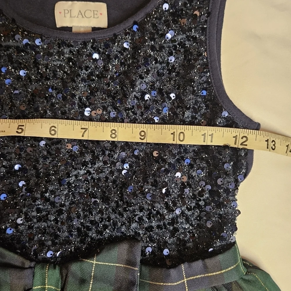 The Children's Place Girls Blue Sequined Top And Green Plaid Bottom Dress Size 8